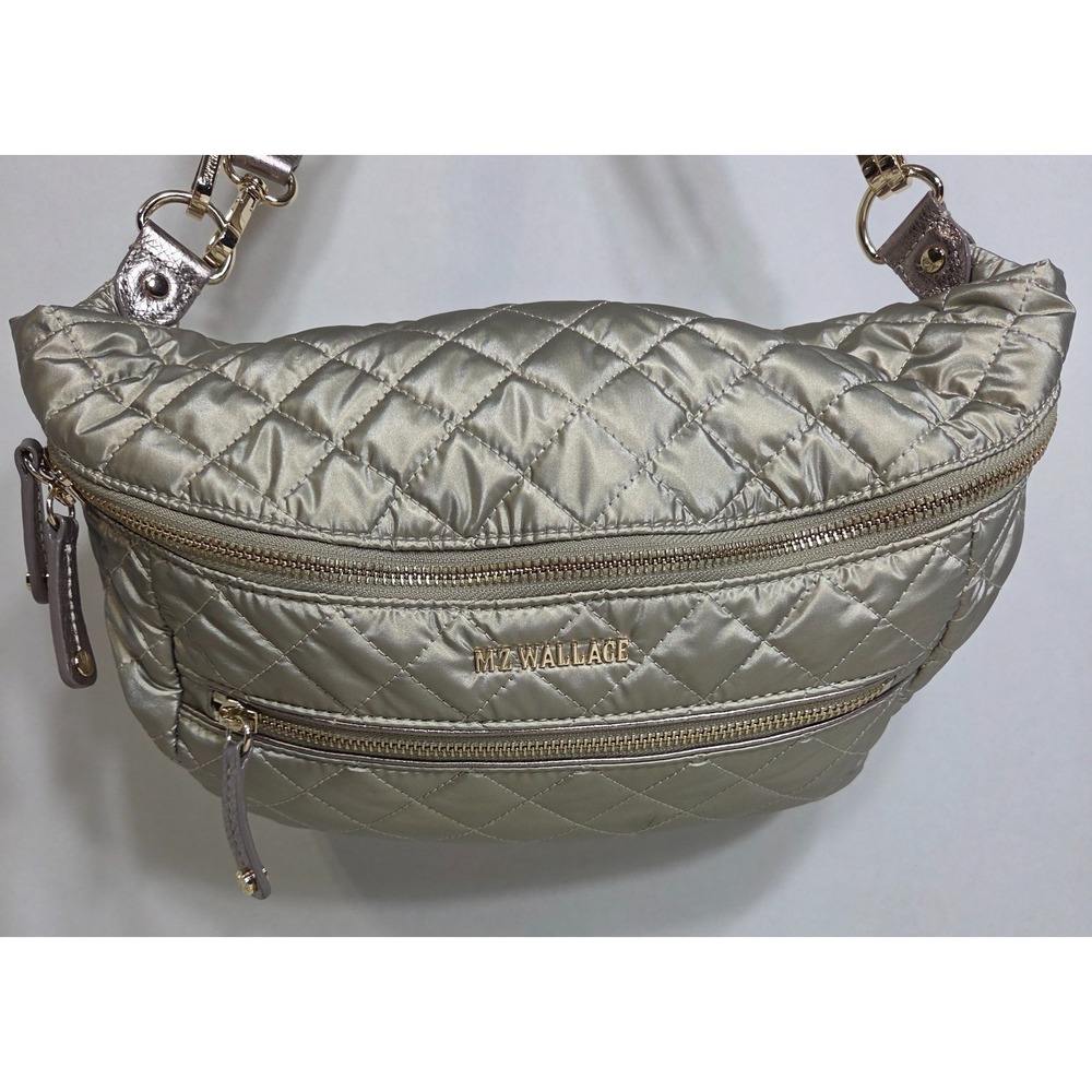 MZ Wallace Large Crosby Crossbody Sling Bag Oyster Metallic Quilted Nylon Fanny